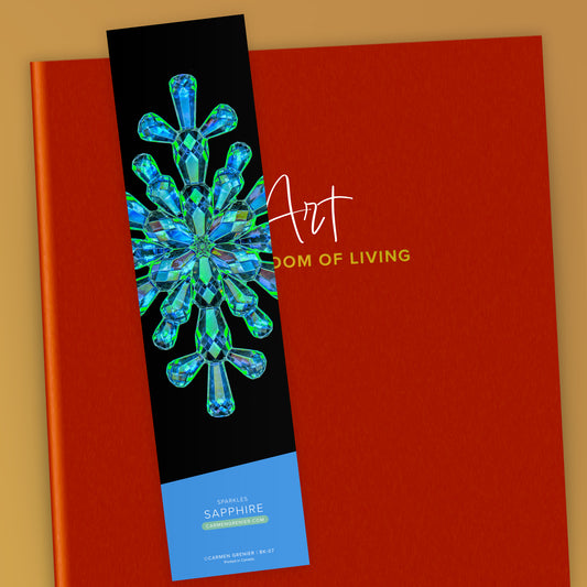 Sapphire bookmark from the sparkles series presented on a red book, sku bk-07