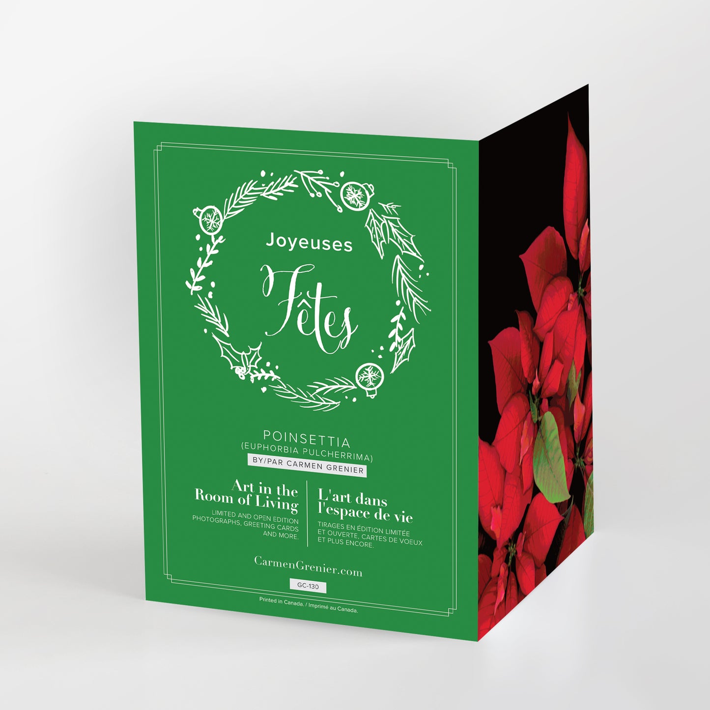 Joyeuses fêtes greeting card - Red poinsettia leaves photographed against a black background. The image has been slightly 'posterised'. GC-130-final-few