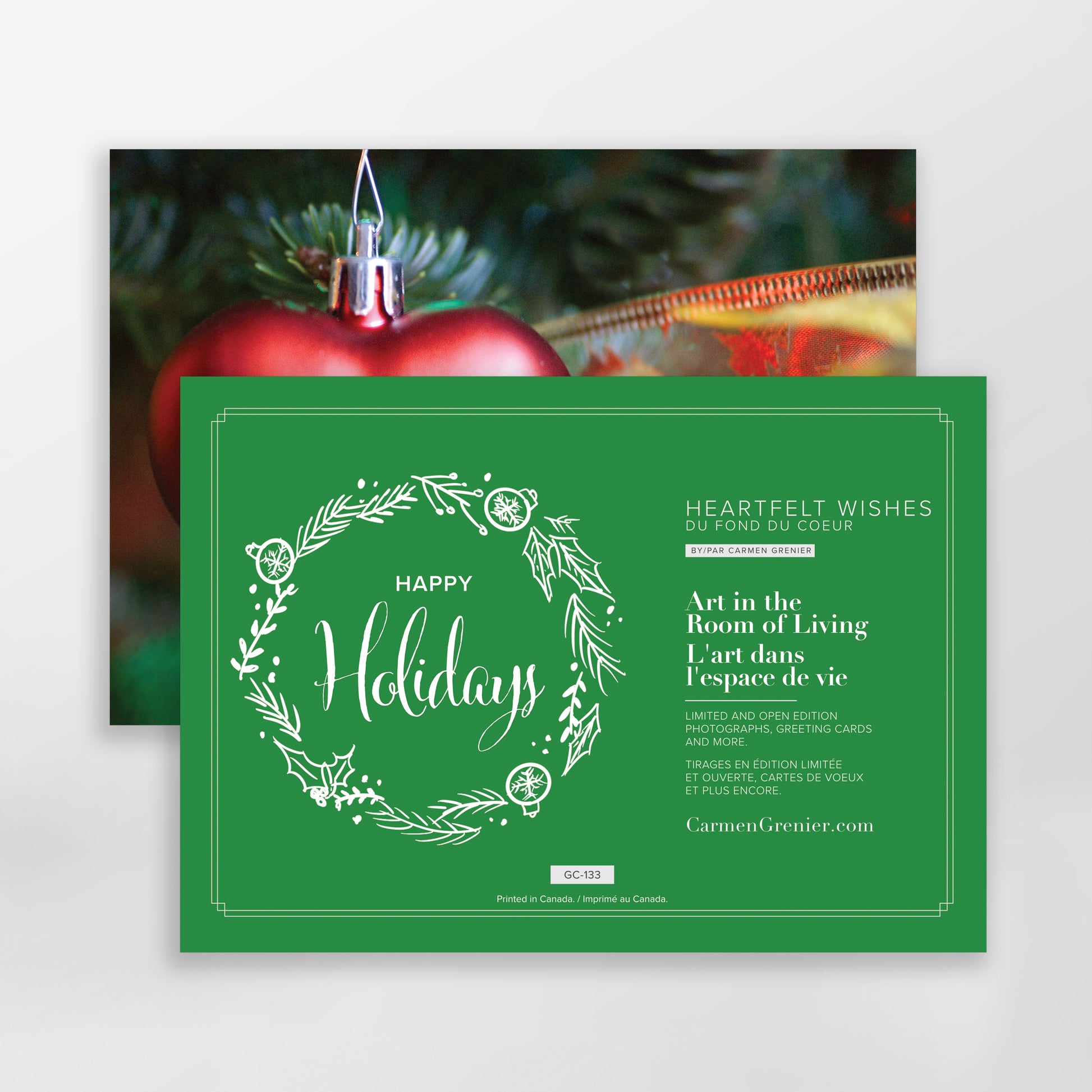 Happy Holidays - Heartfelt Wishes Greeting Card. Christmas card with a red heart as a tree ornament GC-133 and GC-134