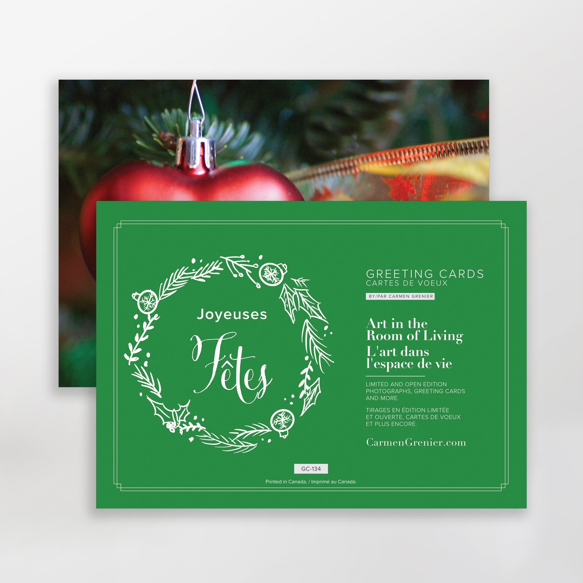 Joyeuses fêtes - Du fond du coeur. Christmas card with a red heart as a tree ornament GC-133 and GC-134