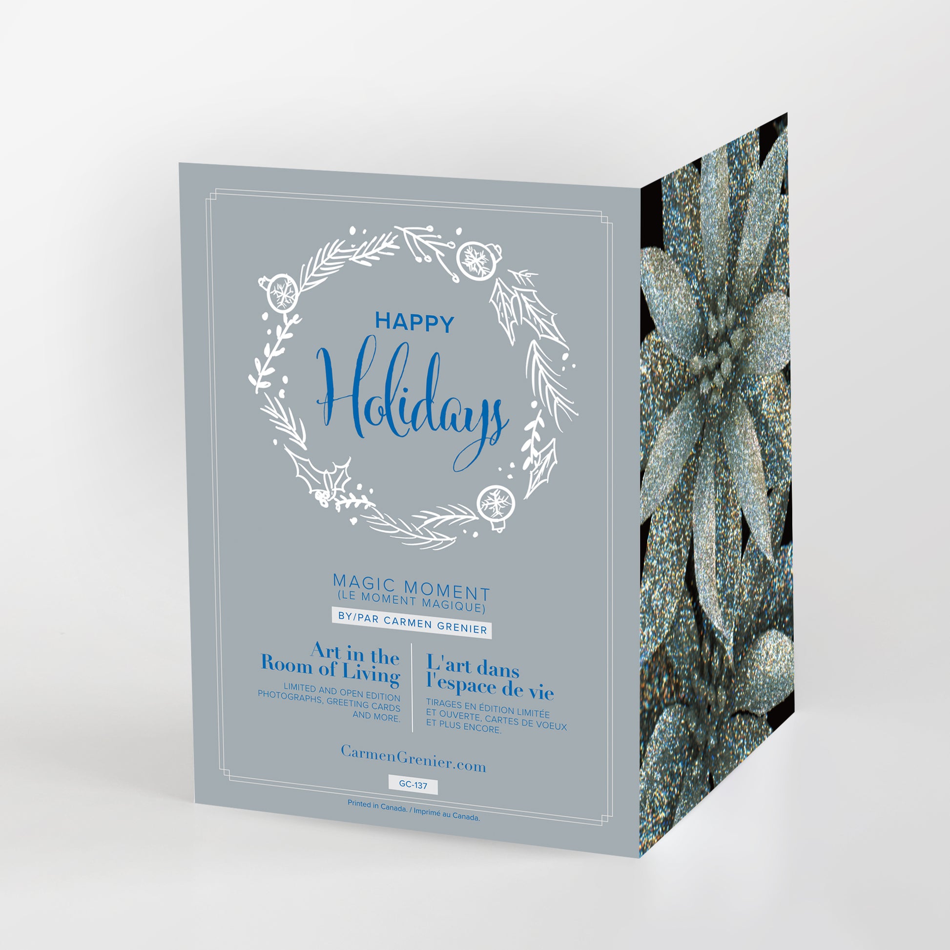 Happy Holidays - Magic Moment greeting card. Sparkling silver poinsettias on a black background by Carmen Grenier. SK: GC-137