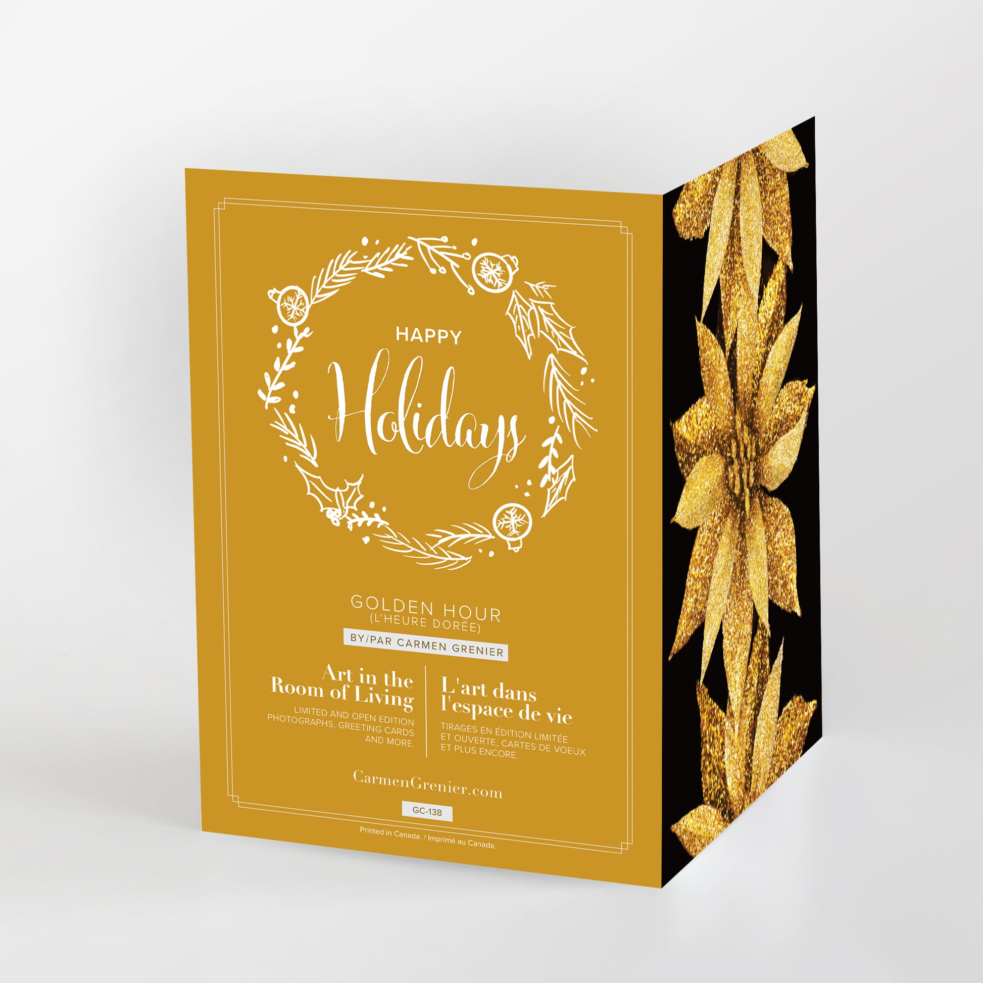 Happy Holidays 'Golden Hour' greeting card. Three sparkling gold poinsettias on a black background add a touch of elegance to your holiday wishes.  GC-138