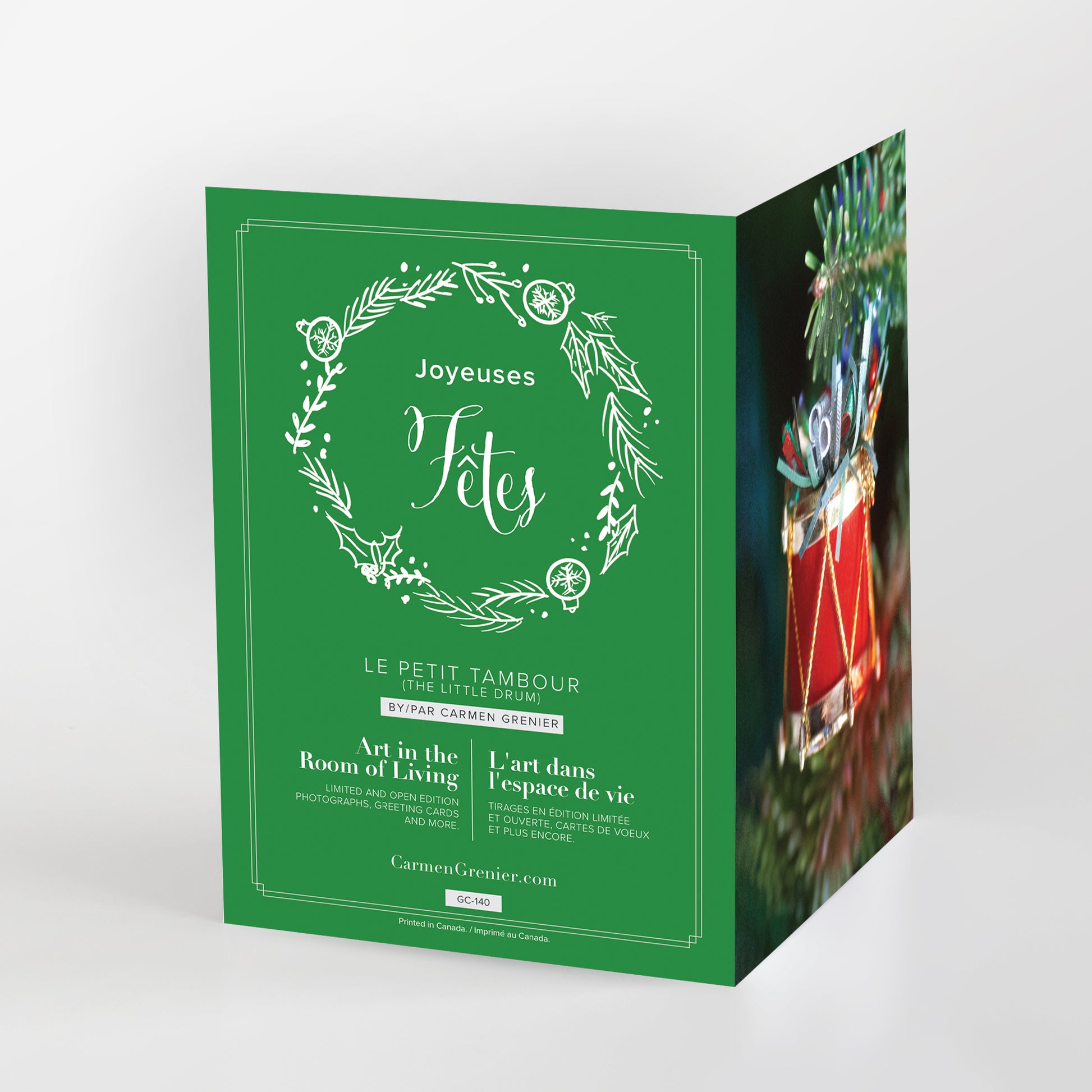 Joyeuses fêtes 'Le petit tambour'  Christmas card showing a small drum used to decorate a tree