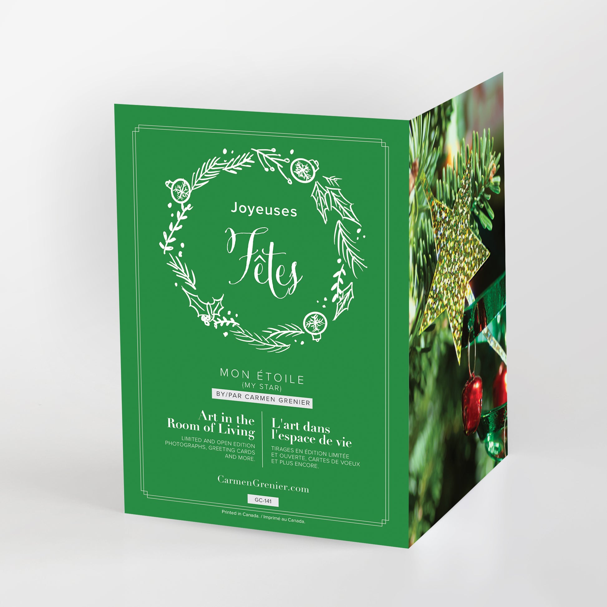 Joyeuses fêtes - Mon étoile Greeting Card. Sparkling green and gold star with red bells as tree ornaments by Carmen Grenier.