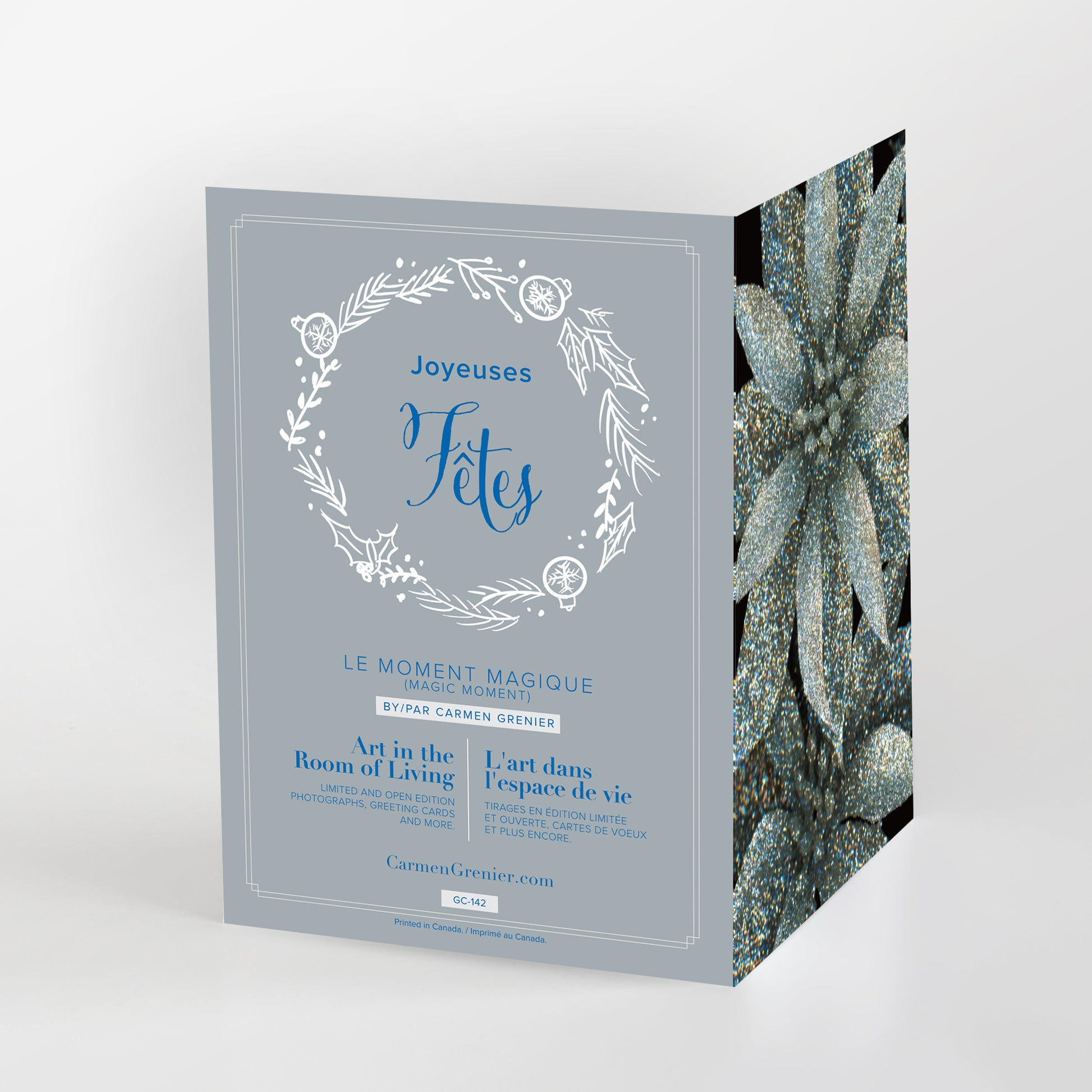 Joyeuses fêtes - Le moment magique greeting card. Sparkling silver poinsettias on a black background by Carmen Grenier.