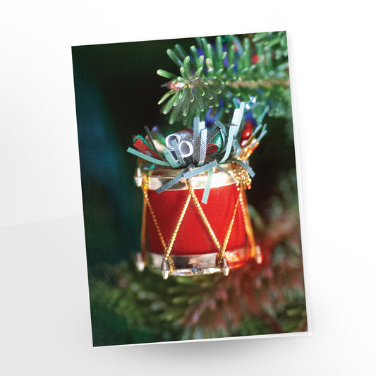 Happy Holidays 'The Little Drum'  Christmas card showing a small drum used to decorate a tree.