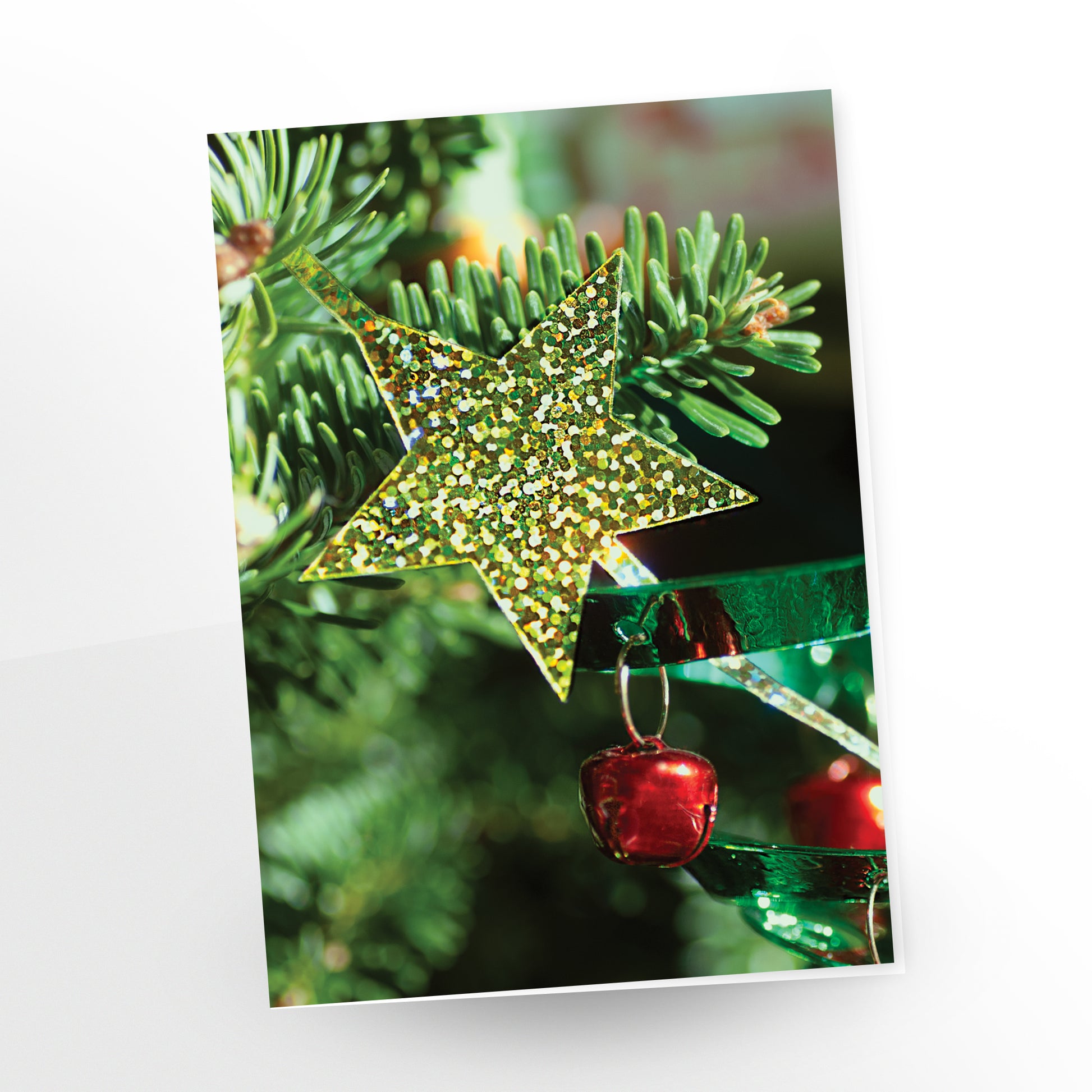 Happy Holidays - My Star Greeting Card. Sparkling green and gold star with red bells as tree ornaments by Carmen Grenier. GC-136 and GC-141
