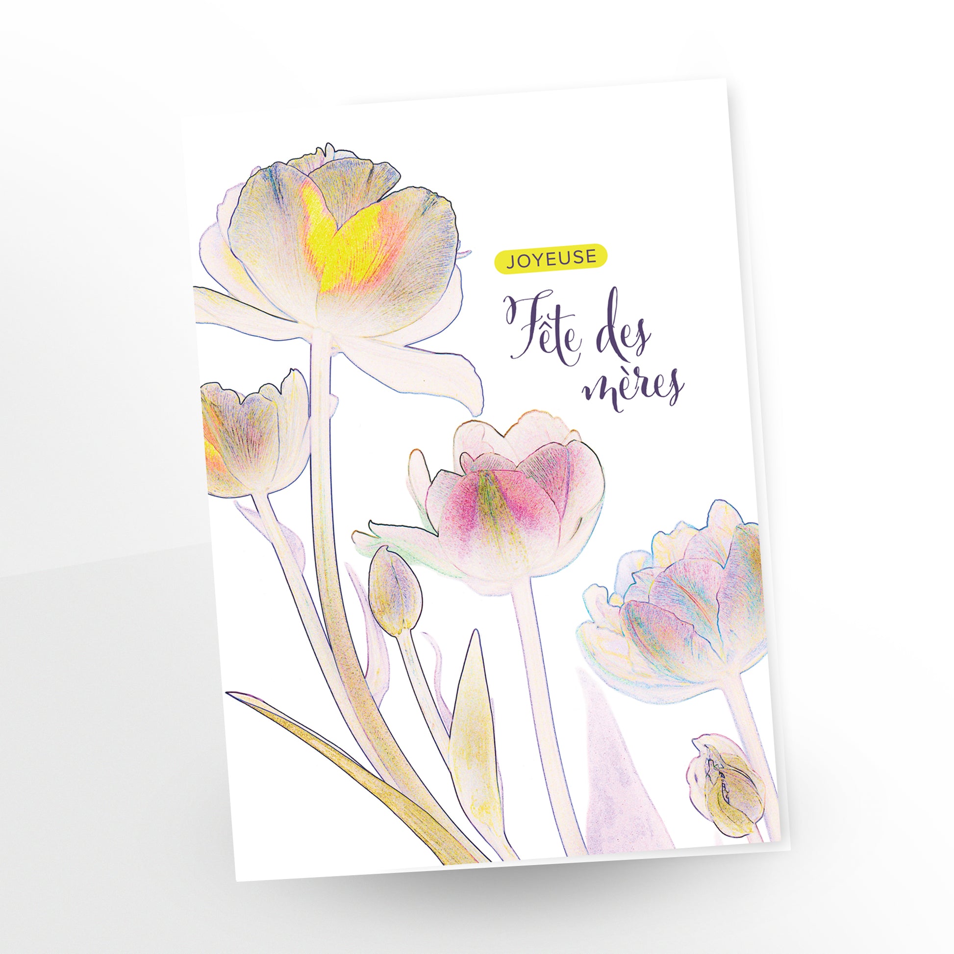 Joyeuse fête des mères greeting card, tulips on a white background, GC-152, French, CarmenGrenier.com