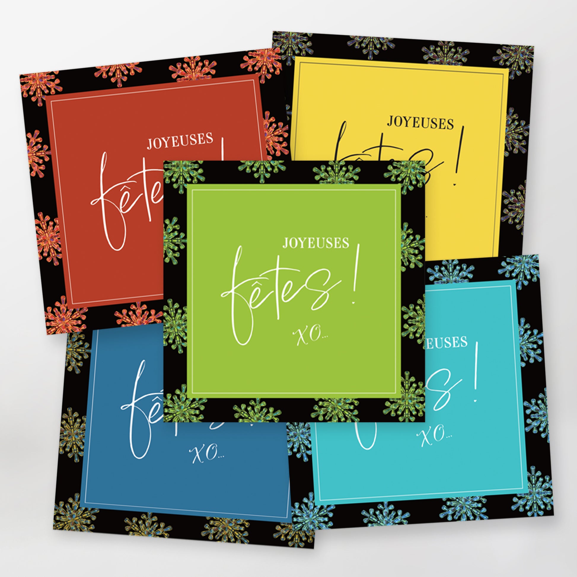 Sets of 5, 10 or 15 Joyeuses fêtes XO greeting cards, French, CarmenGrenier.com