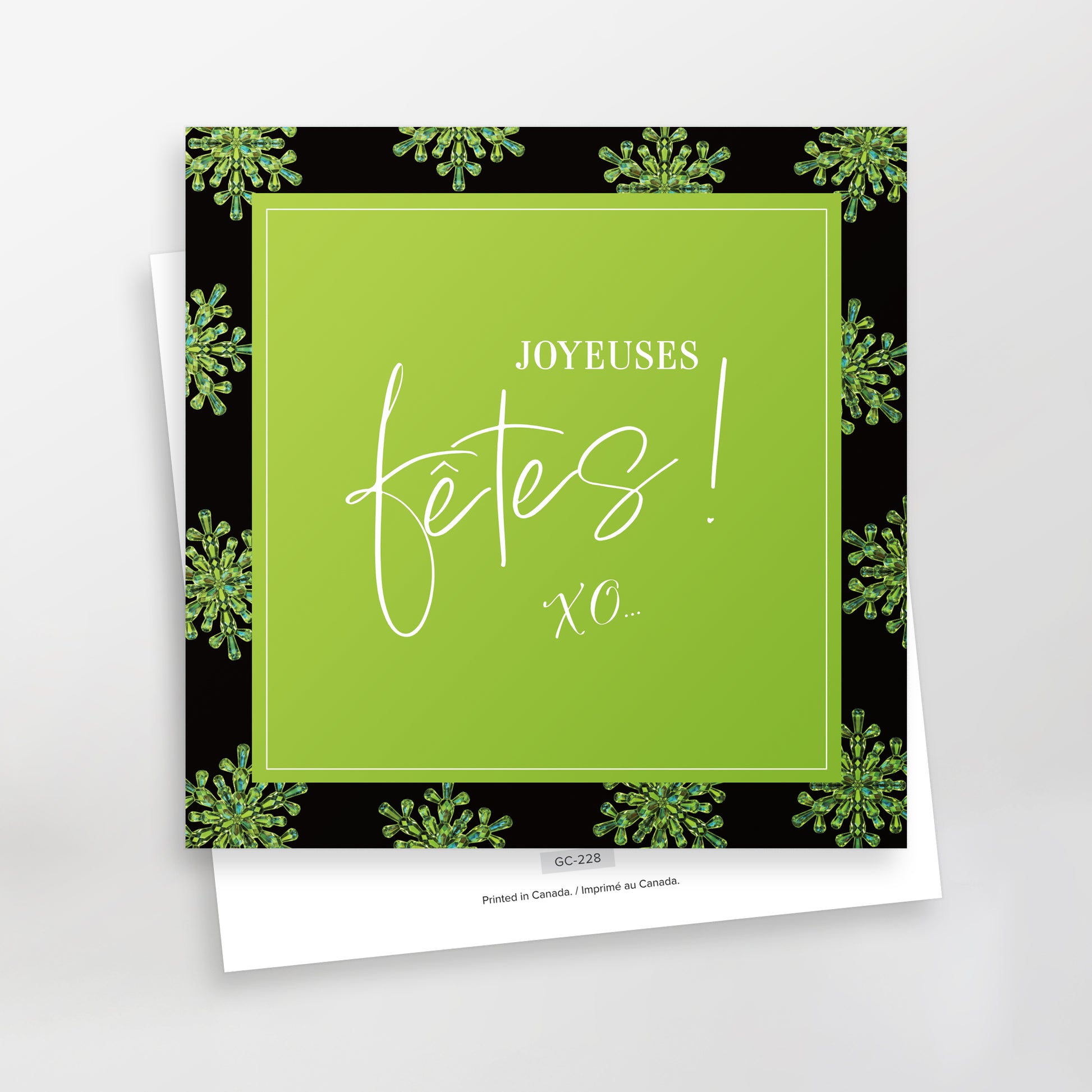 Joyeuses fêtes XO greeting card, green, French, CarmenGrenier.com
