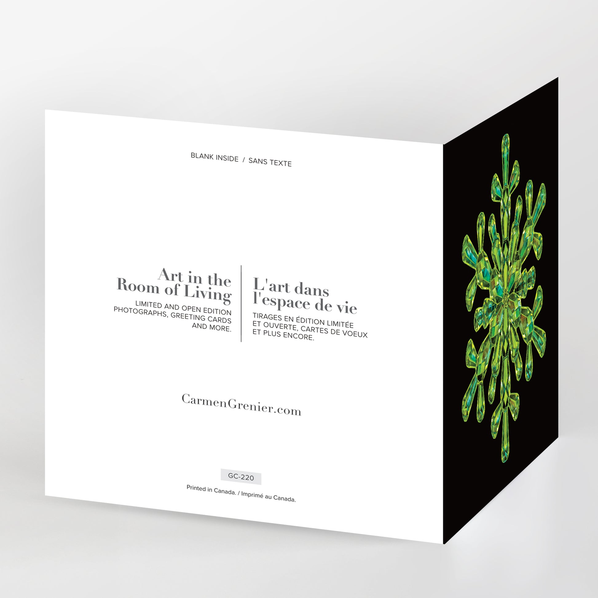 sparkles greeting card series, emerald snowflake on black background, back of the card, gc-220 by carmen grenier