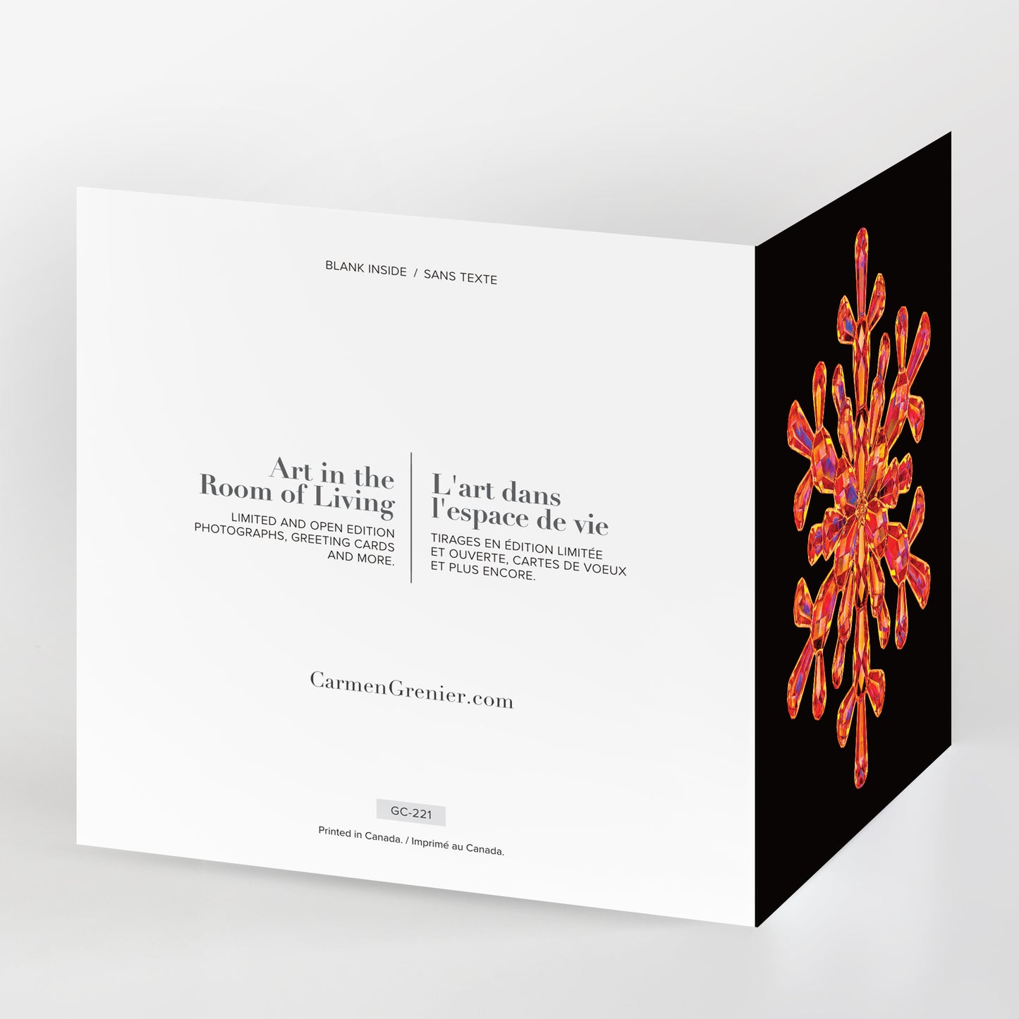 sparkles greeting card series, ruby snowflake on black background, showing the back of the card, gc-221 by carmen grenier