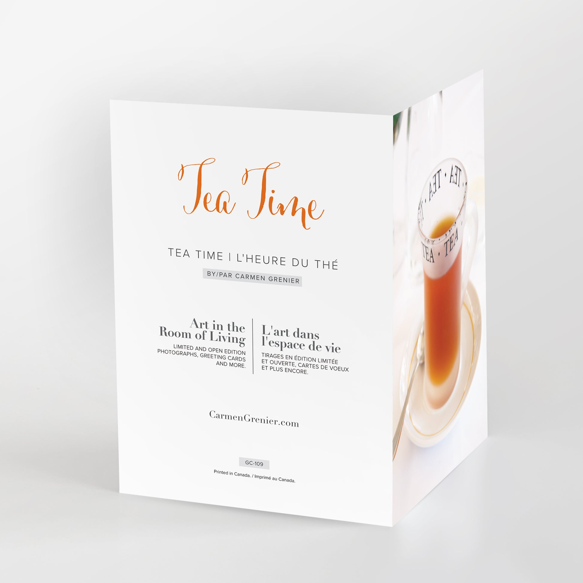 Tea Time greeting card, clear glass cup on white background, gc-109, carmengrenier.com