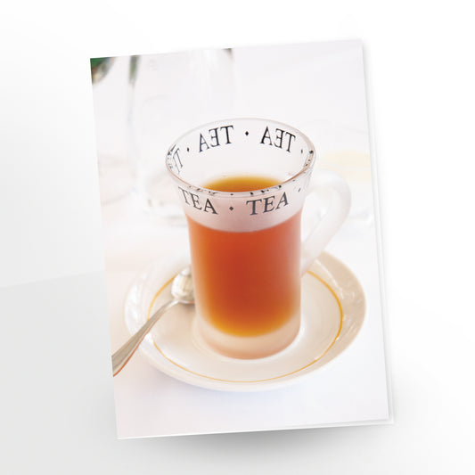 Tea Time greeting card, clear glass cup on white background, gc-109, carmengrenier.com