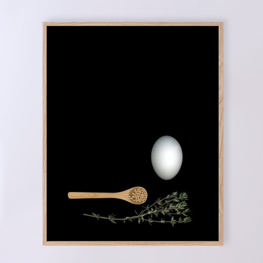 Mayonnaise - An egg with a wooden spoon with mustard seeds and a fresh thyme spring on a black background, 8x10 inches prints, OE-352-1, by CarmenGrenier.com