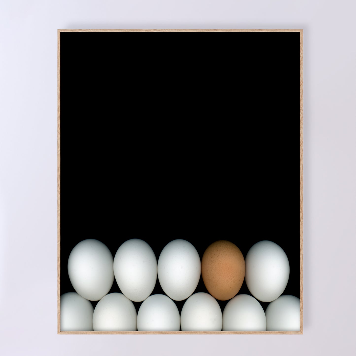 Two rows of white chicken eggs with one brown egg on a black background. Open edition 18x20 inches print by Carmen Grenier. OE-354-3