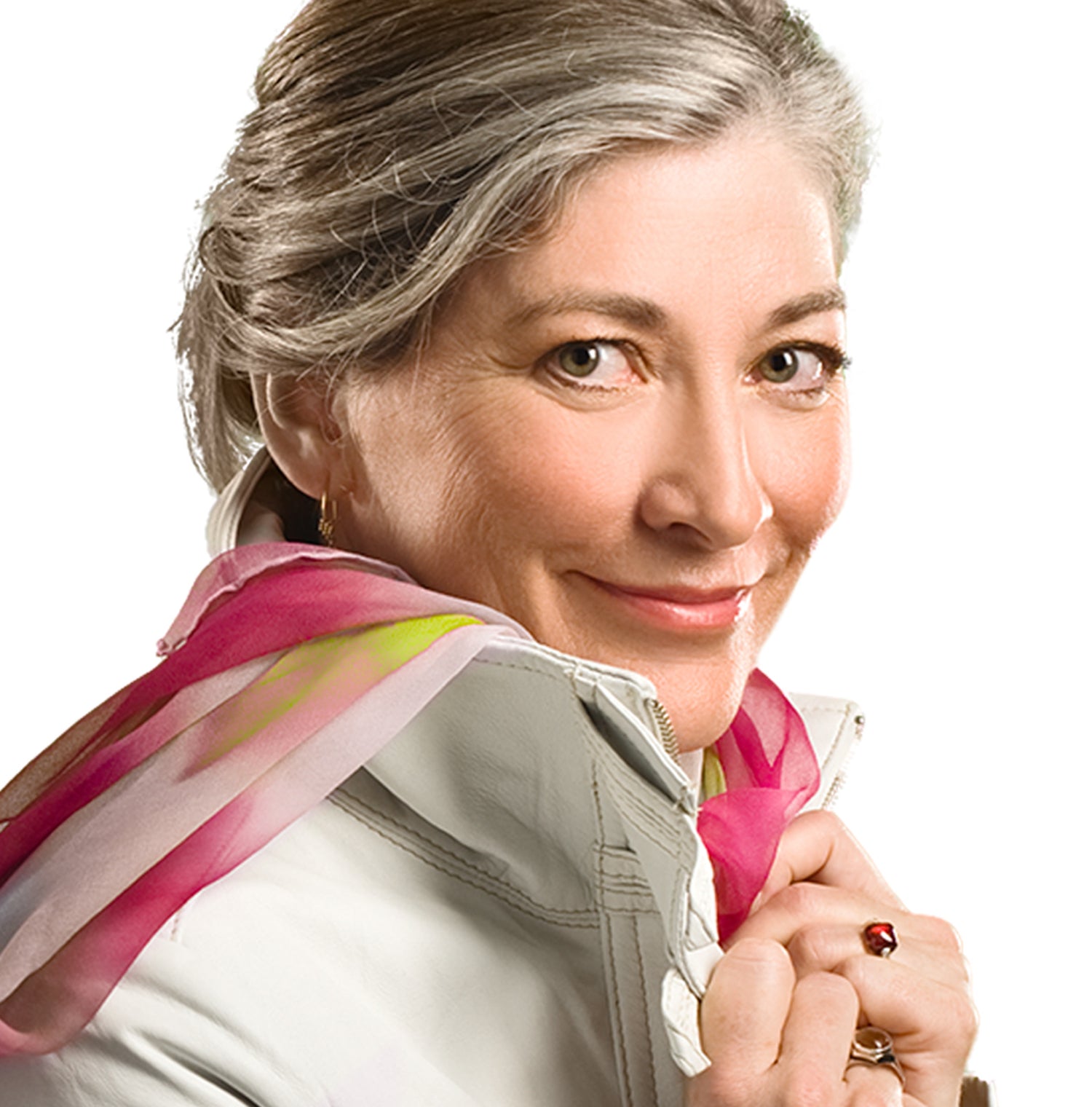 Portrait of Carmen Grenier. She is wearing a pink scarf and a grey leather jacket. Photo: ©Christian Lalonde, Photolux Studio, Ottawa