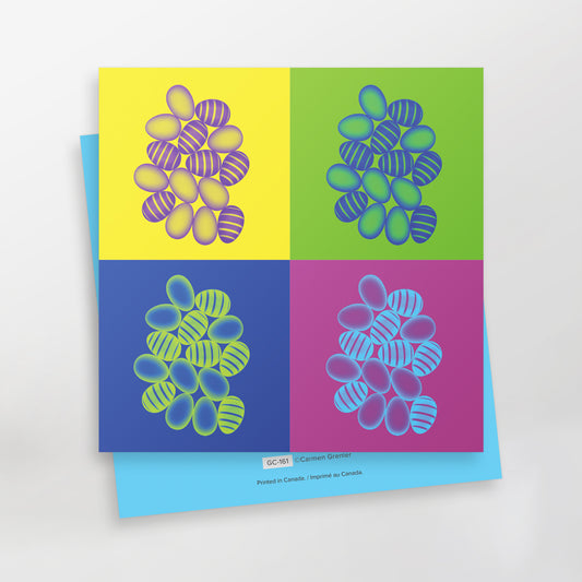 Colourful greeting card features eggs in shades of blue, yellow, green and purple. Scanography by Carmen Grenier. GC-161