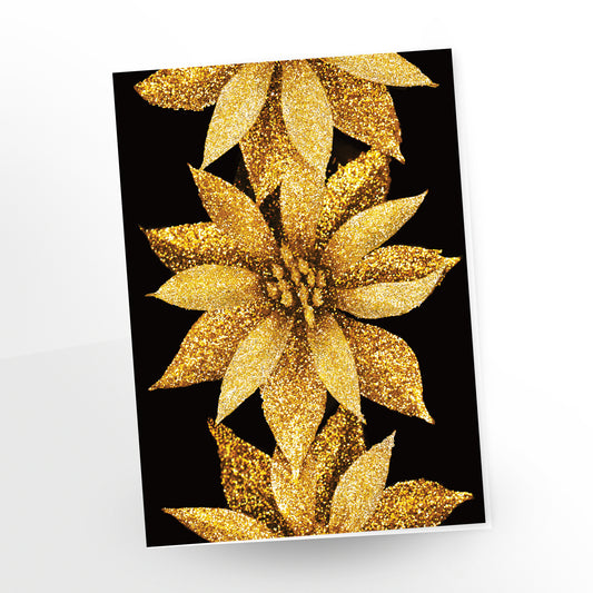Happy Holidays 'Golden Hour" greeting card. Three sparkling gold poinsettias on a black background add a touch of elegance to your holiday wishes. 